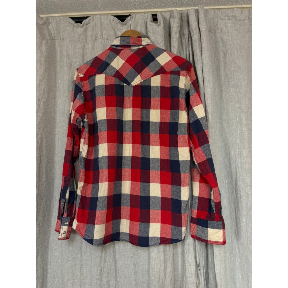 Ditch Plains Western Shirt Mens M Red Blue Plaid Pearl Snap Flannel